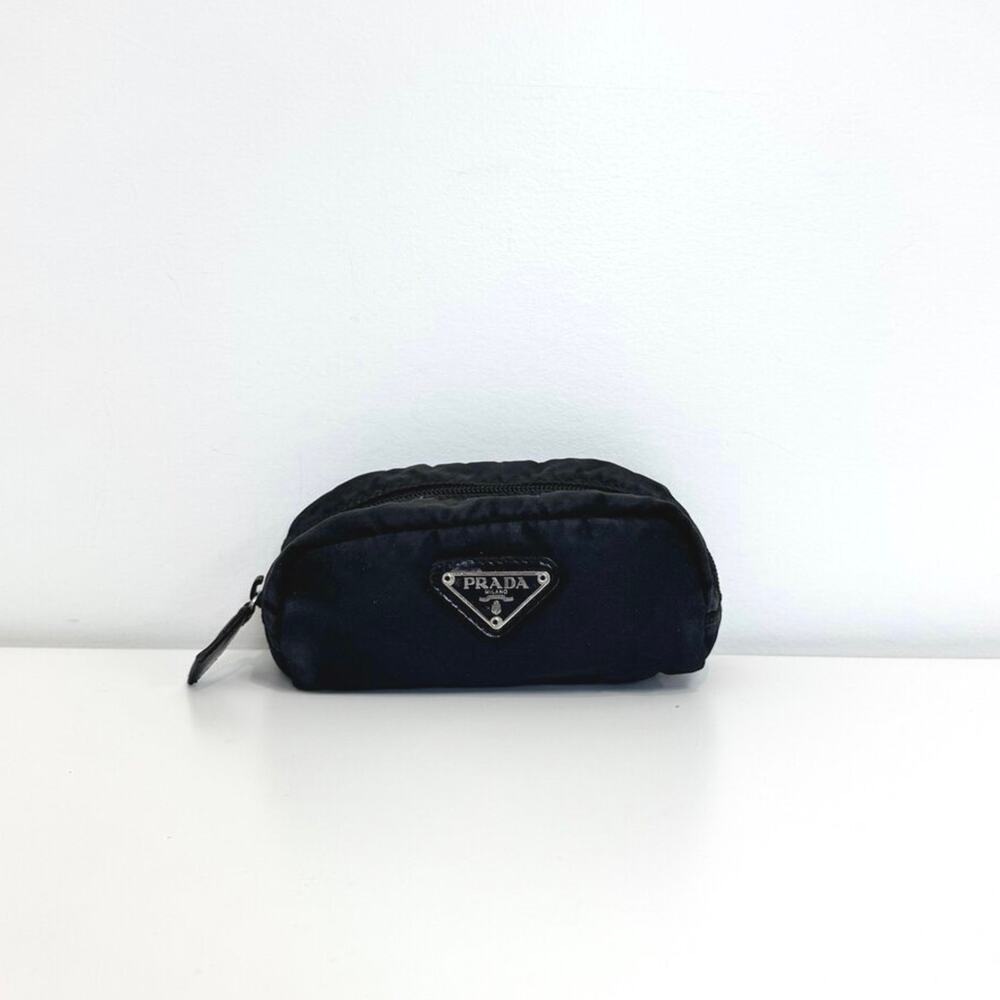 PRADA Vintage Black Tessuto Nylon Cosmetic Zip Pouch Enamled Triangle Logo Bag